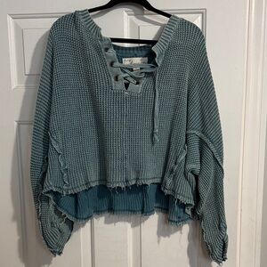 Oversized boho Blue Lace-Up Knit Top